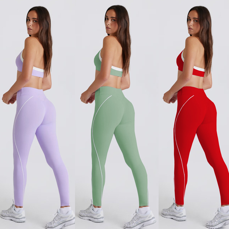 Yoga set with breast pad, knotted beautiful back, color-blocked U-neck bra, high-elasticity quick-drying, no embarrassing lines, fitness pants