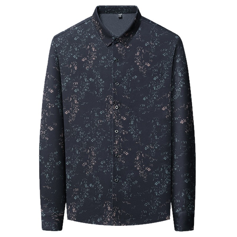 New autumn and winter men's long-sleeved shirt with printed lapels, fashionable, fleece and thickened, seamless casual dad shirt