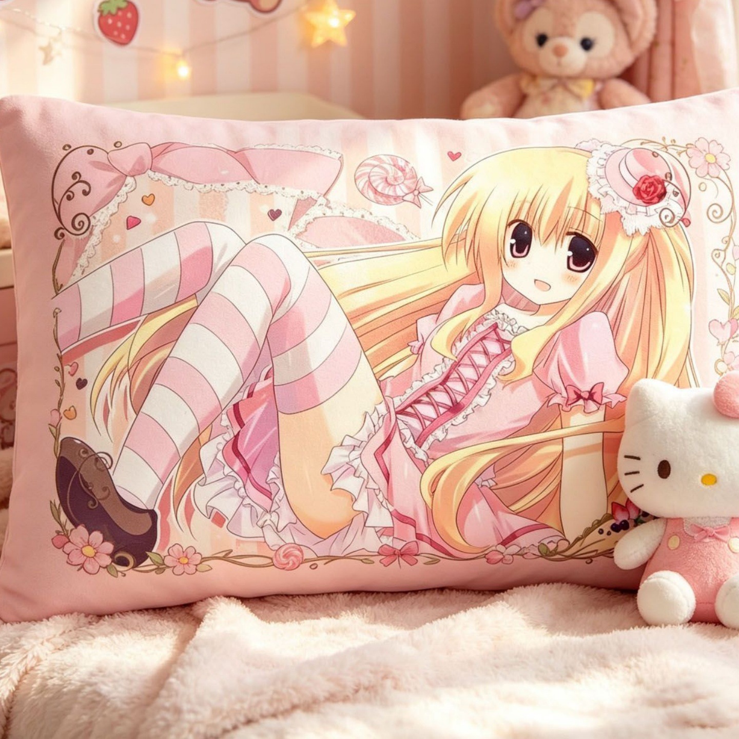 Anime sweet and spicy double ponytail girl pillow, crystal velvet living room sofa cushion, ins style bedroom pillow pillowcase
