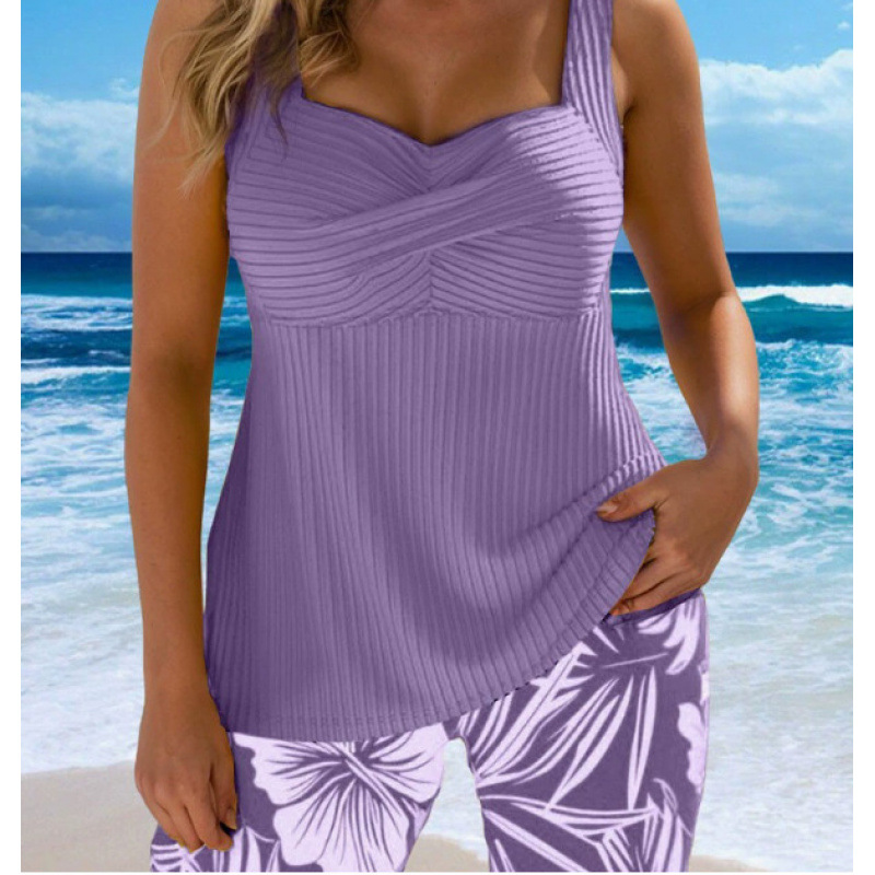 New fashionable and elegant ribbed fabric double-shoulder skirt style tankini swimsuit for beach vacations, flattering and slimming.