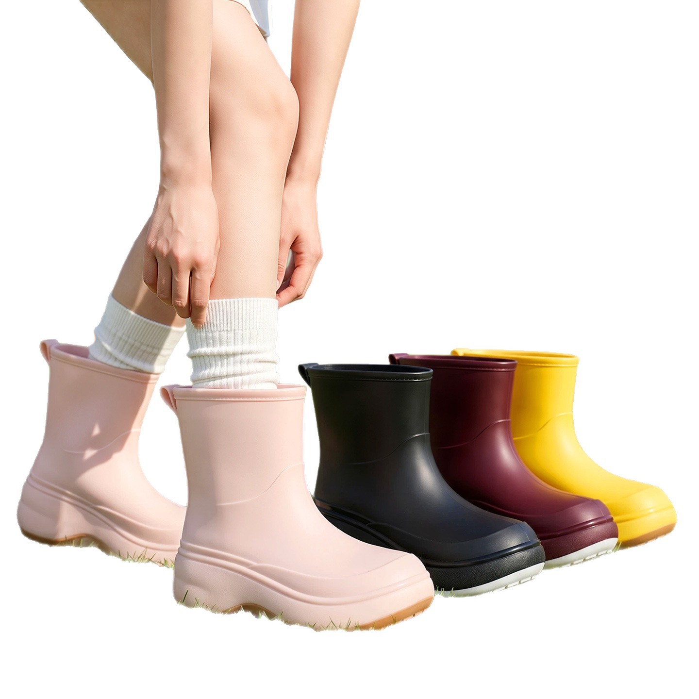 British style light pink extra-thick mid-calf women's rain boots, dopamine waterproof and non-slip rain boots, riverside women's rubber shoes