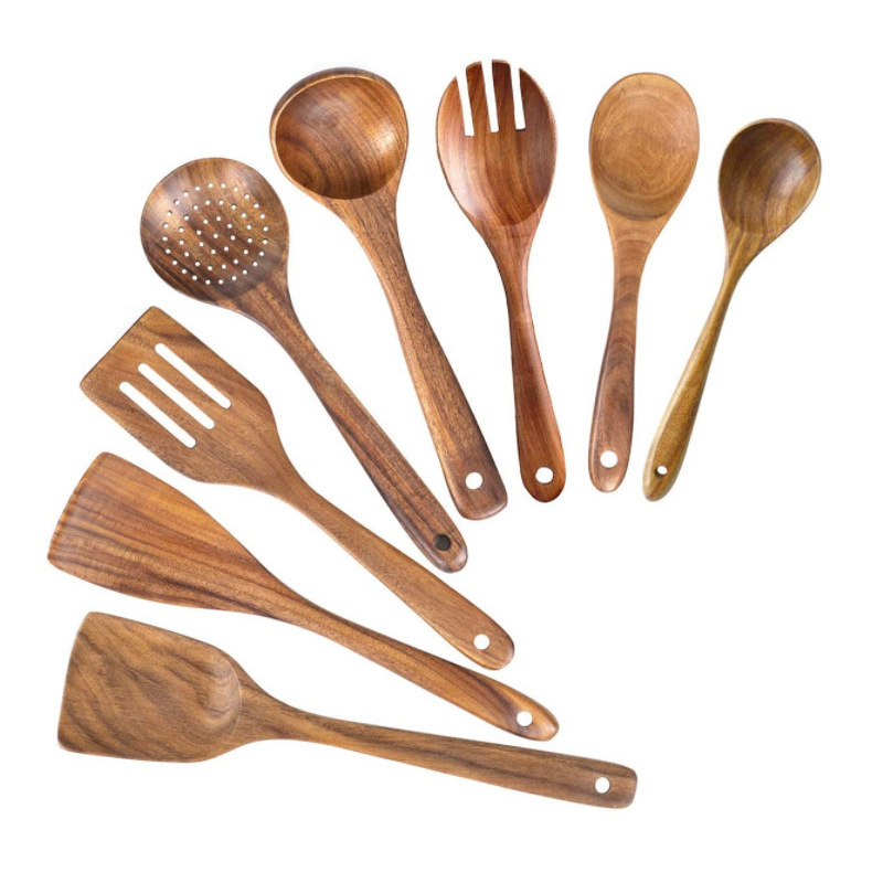 Teak cooking set, solid wood spatula, spoon, fork, non-stick pan, acacia wood kitchenware, long-handled spatula, vegetable spatula, 9-piece kitchen set
