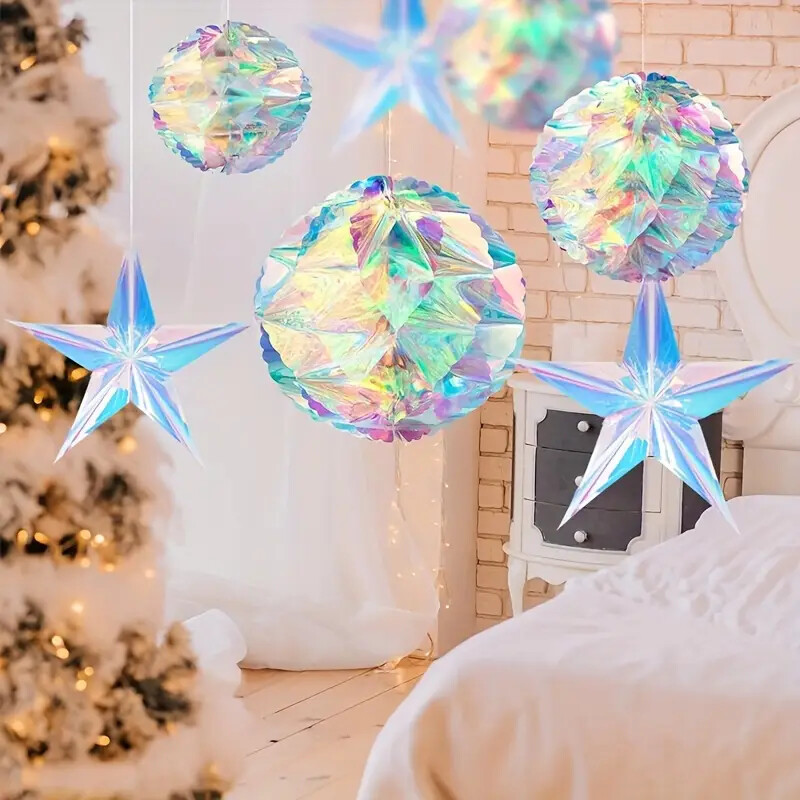 Rainbow film pentagram and hexagonal star garland decorations, laser children's birthday and wedding party themed decorations
