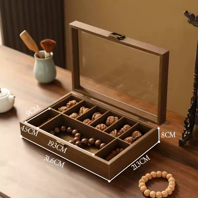 Large-capacity wooden display tray for storing collectible beads, prayer beads, bracelets, bangles, and crystal walnuts.