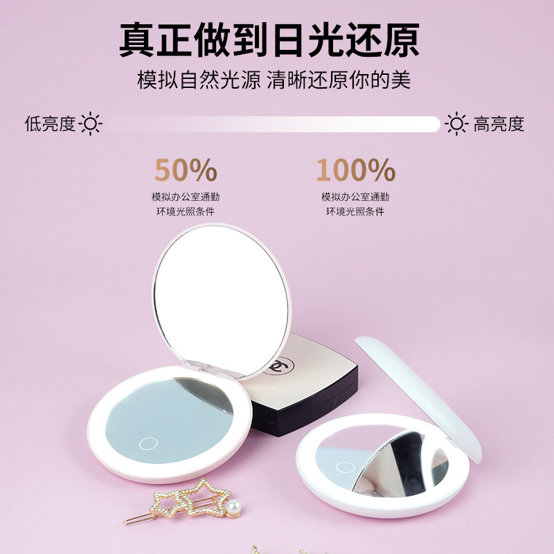 Handheld portable LED makeup mirror with light, folding round small mirror, practical and portable LED makeup mirror with light