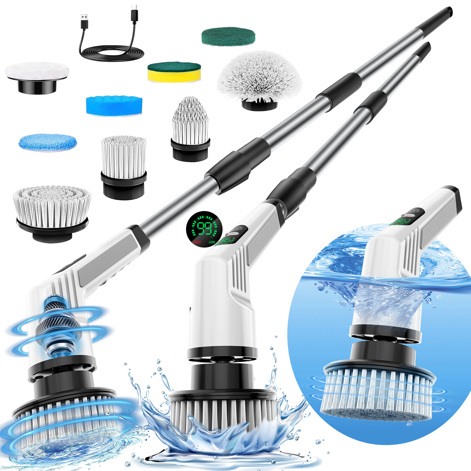 New electric cleaning brush, long-handled, powerful brush for home use, kitchen and bathroom, cordless, adjustable, automatic rotating washing brush.