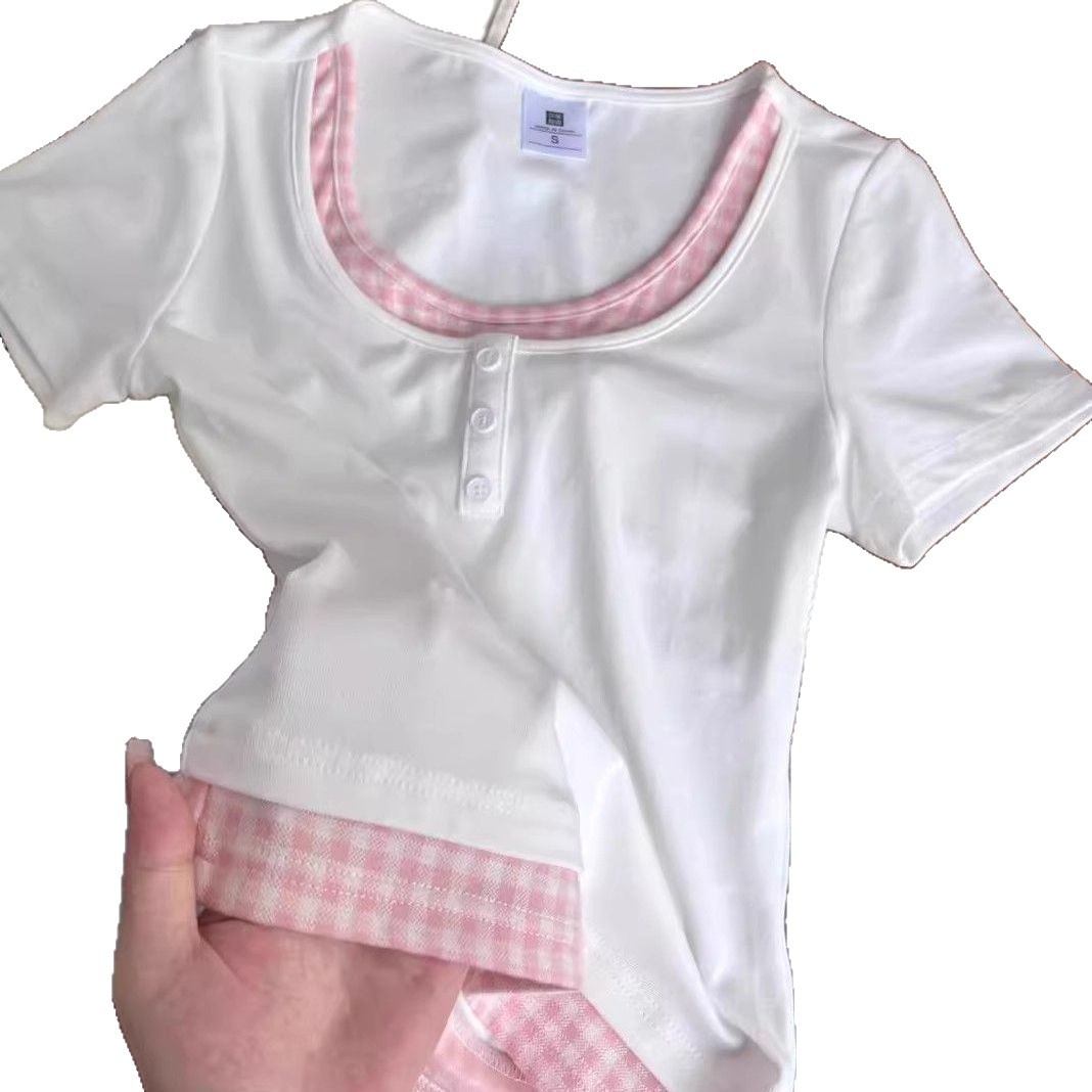 Sweet color-blocked plaid short-sleeved T-shirt for women, new summer style, faux two-piece, slim fit, chic short top with off-the-shoulder design.
