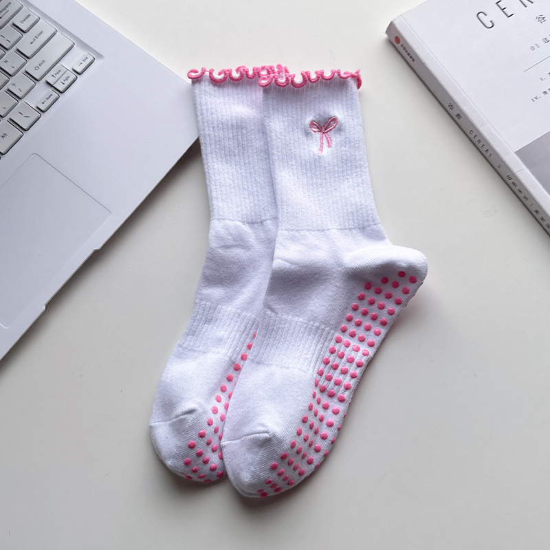 Women's Yoga Socks, Mid-Calf, Professional Sports Anti-Slip, Pilates Lace-up Bow Embroidery, Fitness Floor Socks