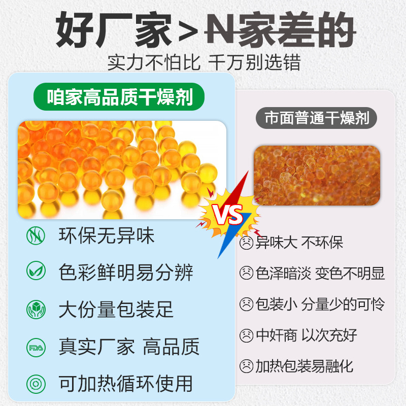 Orange color-changing silica gel desiccant, 1g OPP transparent bag, food-grade, contact-safe, moisture-proof and dehumidifying. (English, Japanese, Chinese)