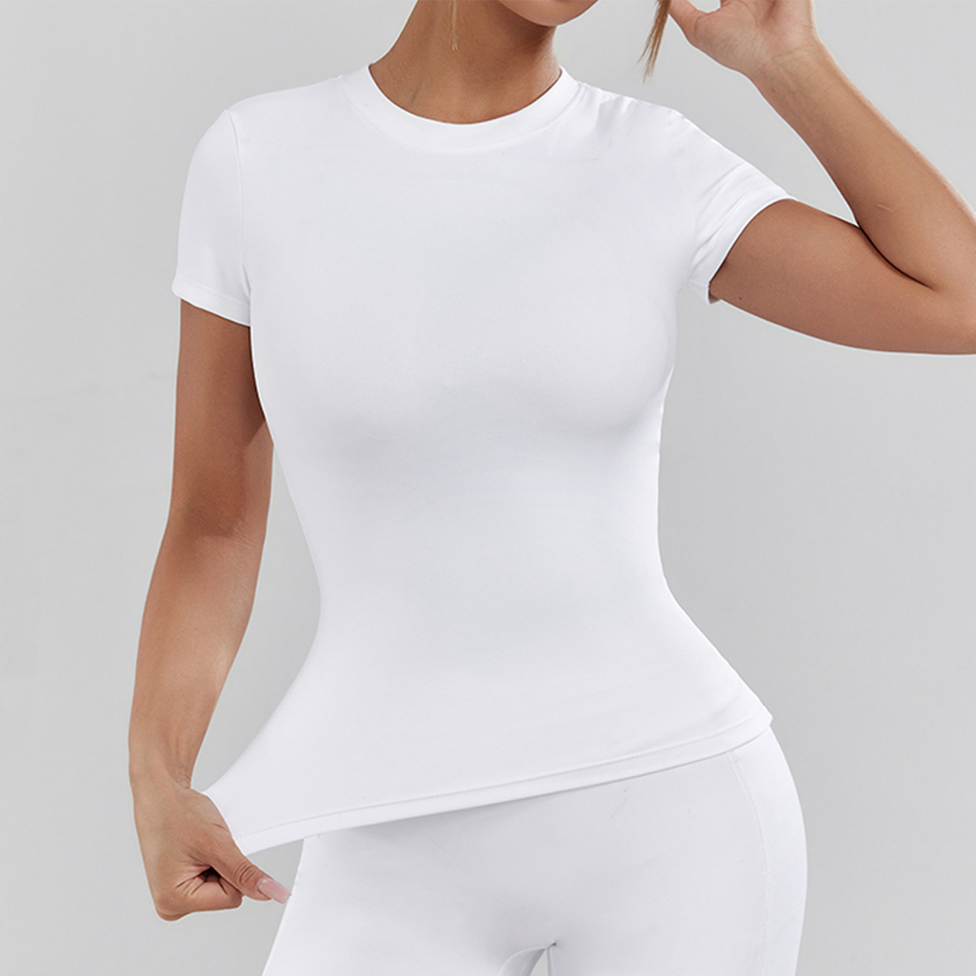 Cross-border hot-selling yoga short-sleeved round neck women's quick-drying breathable solid color yoga wear shaping elastic sports fitness top