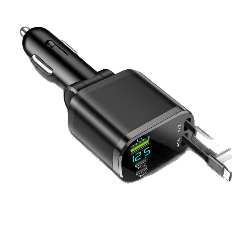 The new car charger supports 120W super-fast charging, flash charging, and features a retractable cable with a 5-way splitter for cigarette lighters.