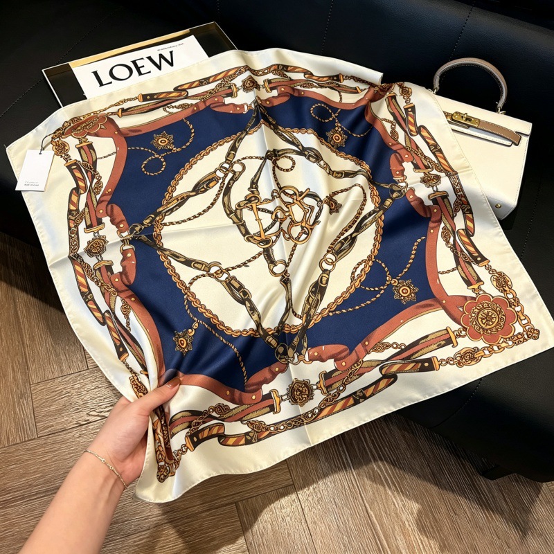 2026 New Style High-End Accessories, Thin Neck Scarf/Scarf, Faux Silk, Small Square Cashew Pink, Blue and White