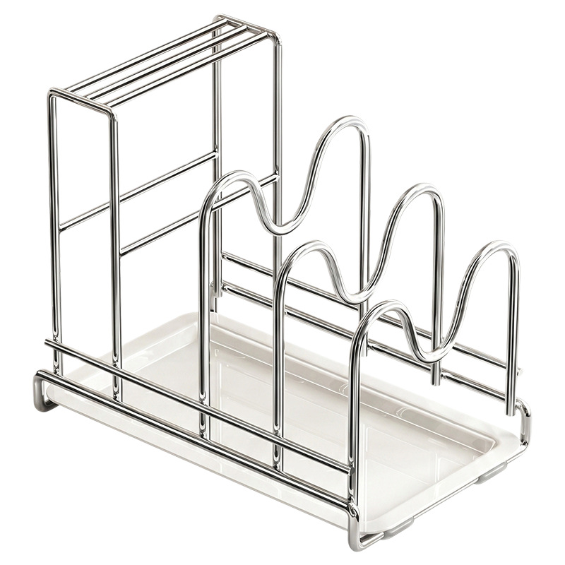 Stainless steel pot lid rack, kitchen multi-functional chopping board, knife rack, integrated storage rack with water collection tray, draining and storage rack