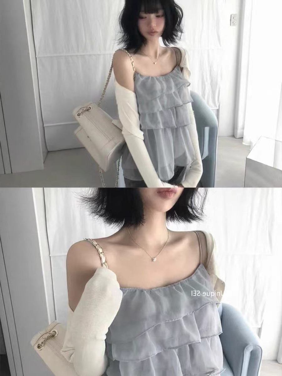 Korean style cool and alluring chiffon camisole top with sheer ruffles, slimming effect