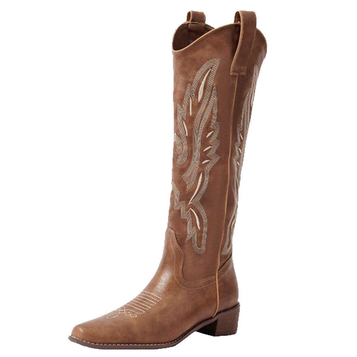 Western Cowboy Boots Women's Long Boots 2025 New Autumn/Winter pointed-toe retro brown embroidered chunk-heeled high ankle riding boots