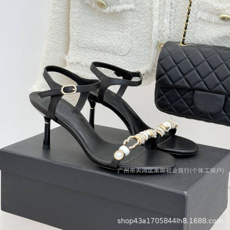 2026 New Off-White Round Toe Rhinestone Chain Strap Sandals for Women, Versatile High Heels, Suitable for Wide and Thick Feet