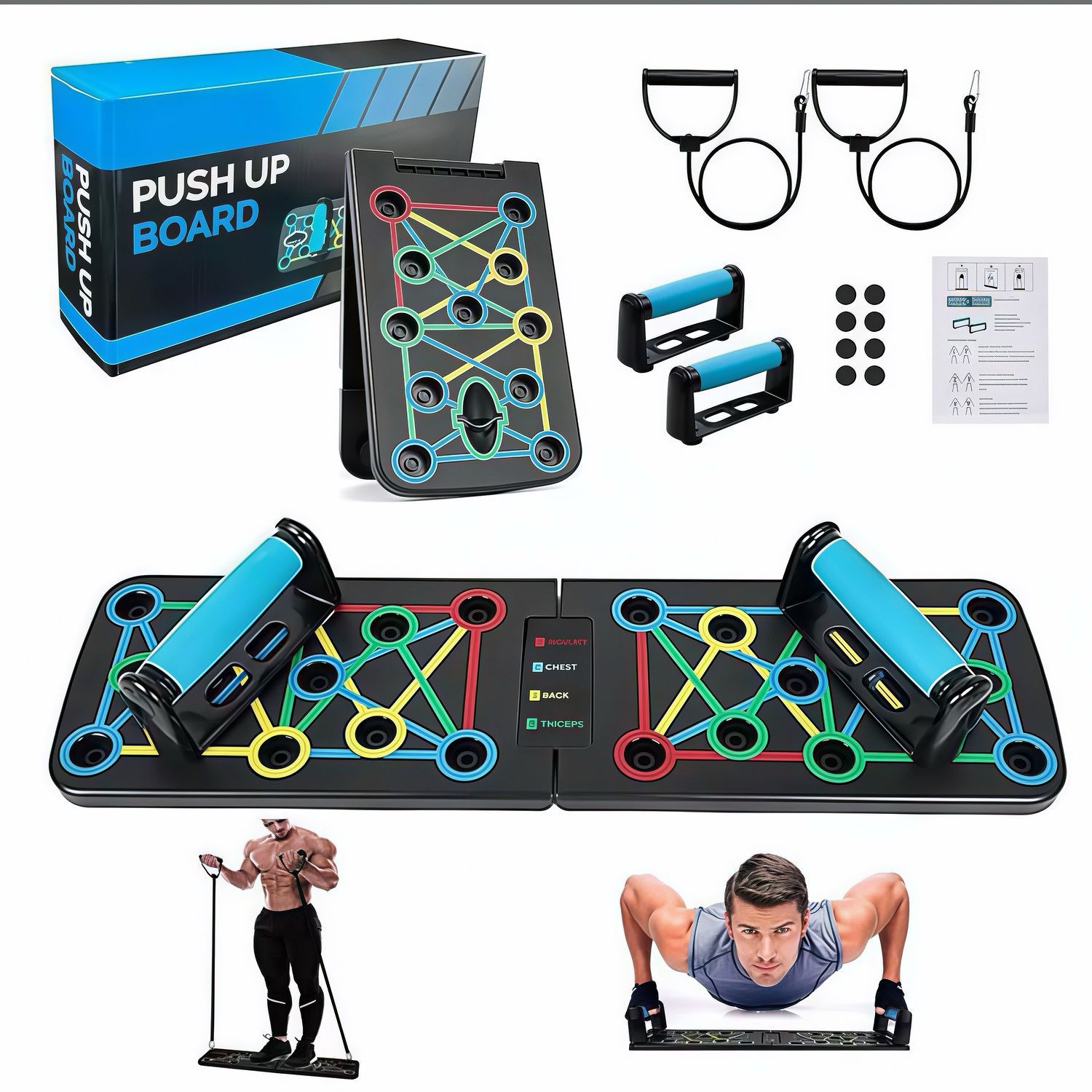 Multifunctional folding push-up board home fitness training stand with non-slip grips for chest, shoulder, back, and triceps exercises.