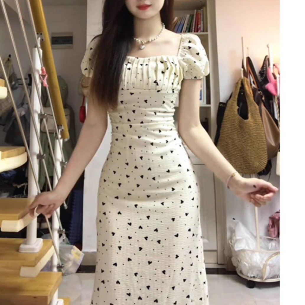 French-style square neckline puff sleeve dress, women's 2025 summer new style, gentle and elegant tea dress, waist-cinching and slimming long dress.