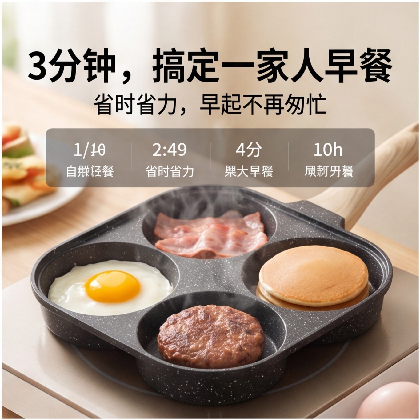 A lid-covered, enlarged and deepened four-hole omelette pan, a non-stick pan made of tourmaline, a flat pan, an egg, hamburger and egg dumpling pot for breakfast