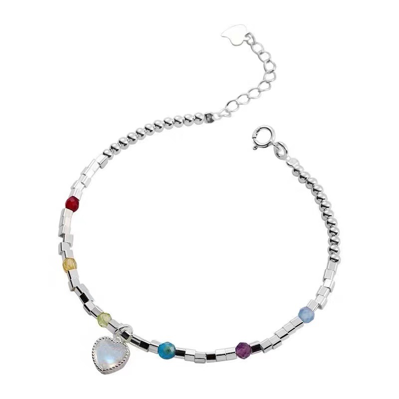 srrmhyn Korean Dongdaemun New Heart Moonstone Bead Necklace with Round Beads - Energetic and Fresh Girlish Style