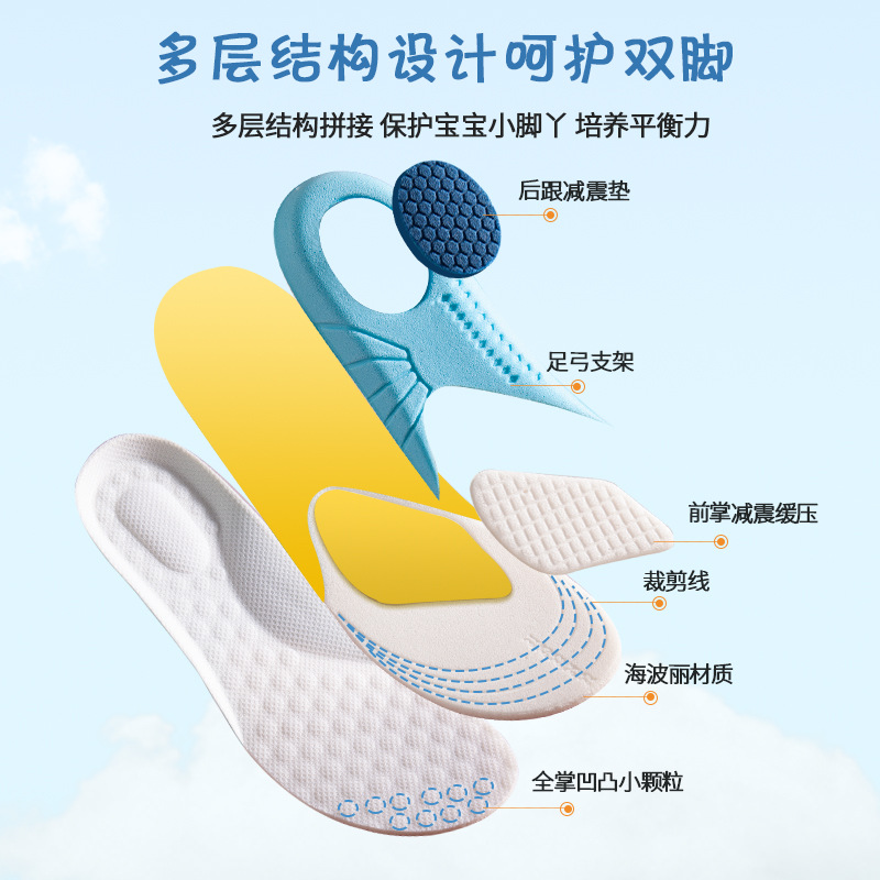 Children's foam insoles, breathable, customizable, soft, suitable for sports, spring, autumn, and summer.