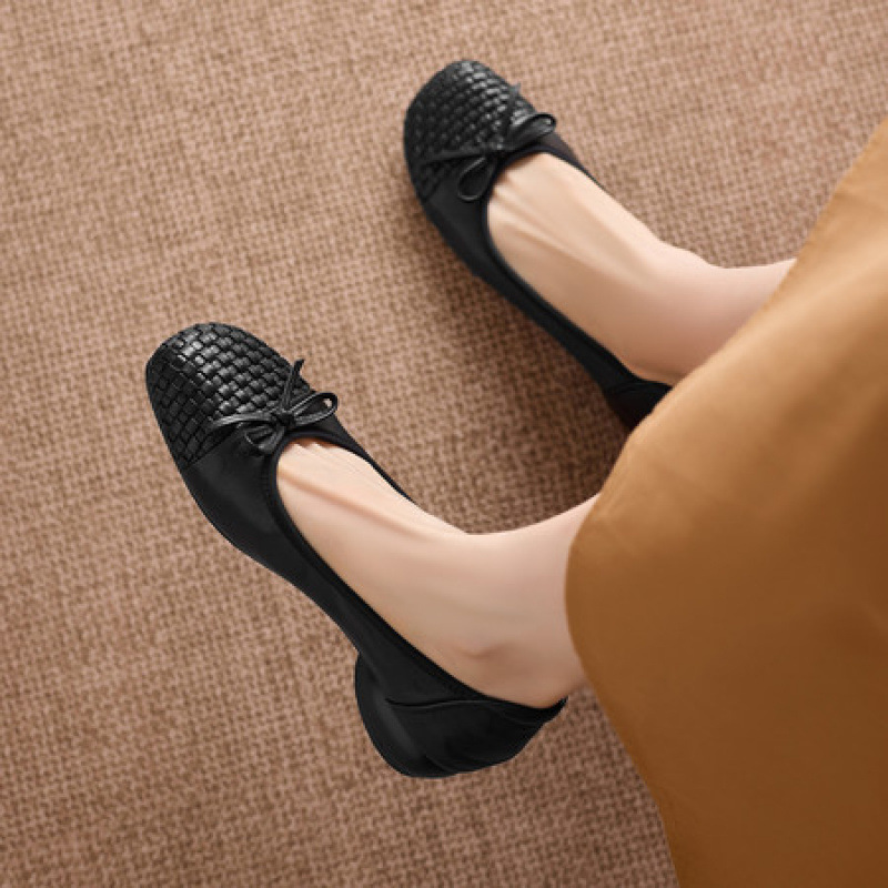 Peggy cross-border Distribution of woven shallow opening single shoes for women 2026 new style small leather shoes with bow, Mary Jane women's shoes for export