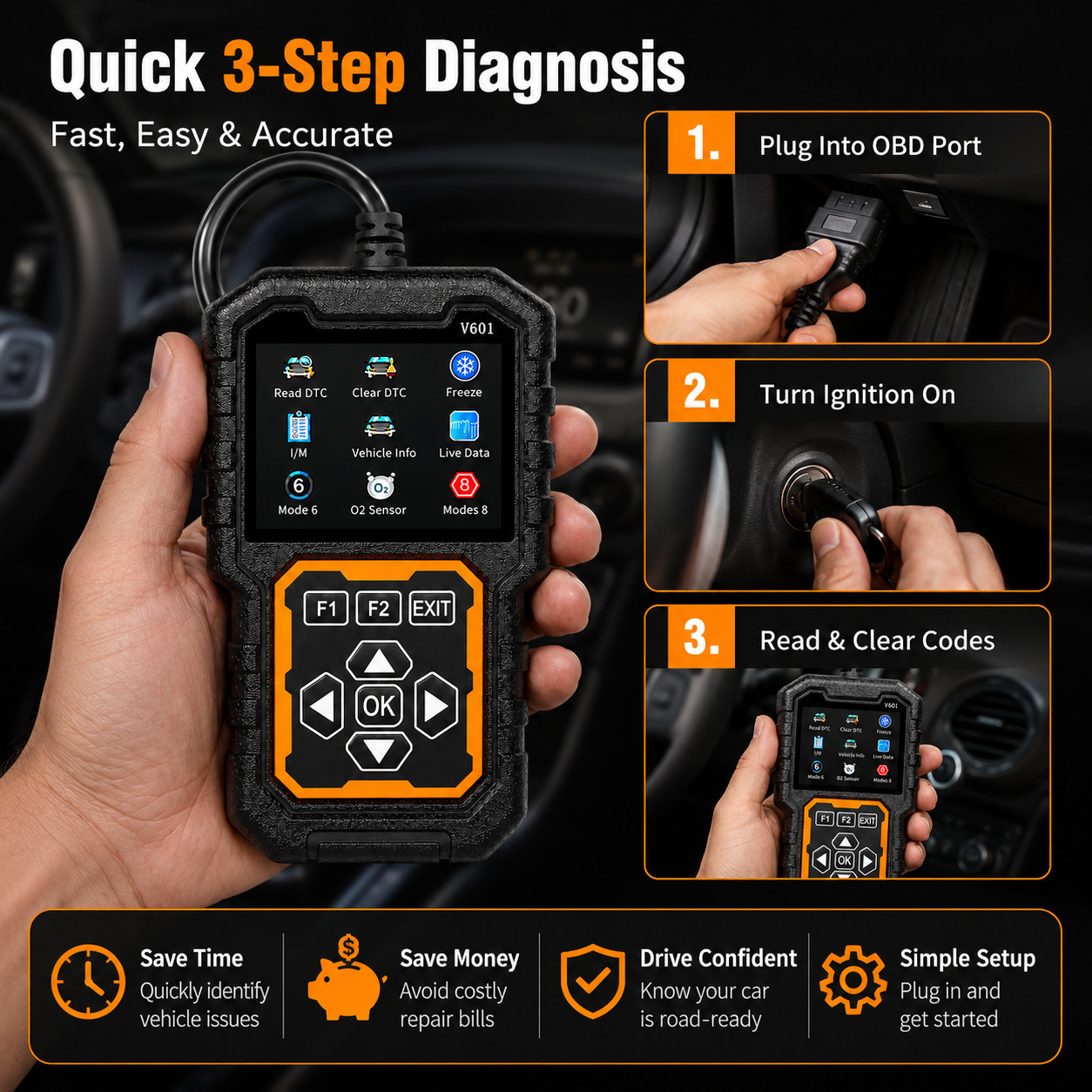Automotive diagnostic OBD2 scanner tool, comprehensive diagnostic code engine fault detection and repair instrument V601