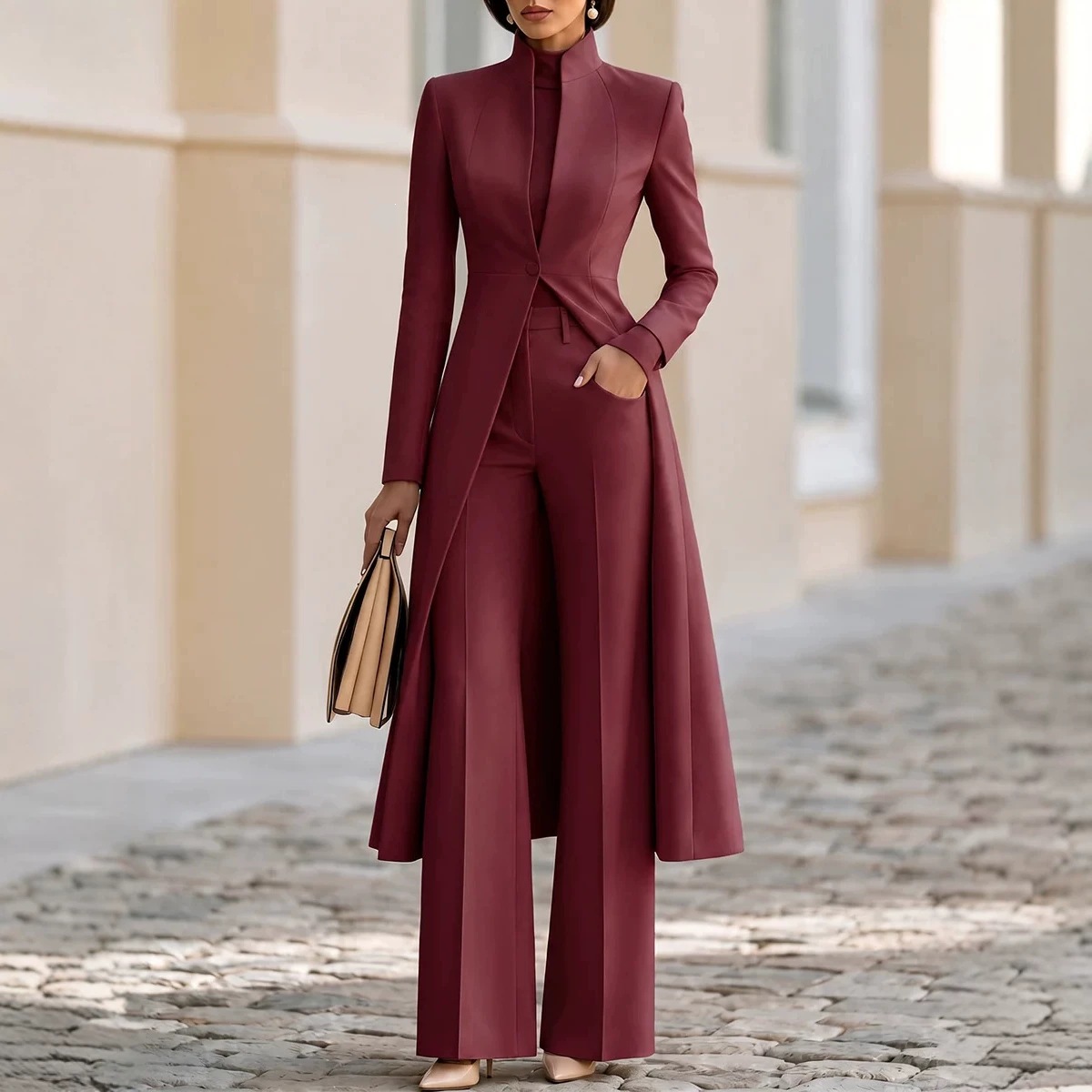 2026 New European and American style long suit jacket wide-leg pants two-piece high-waisted and cinched waist business suit
