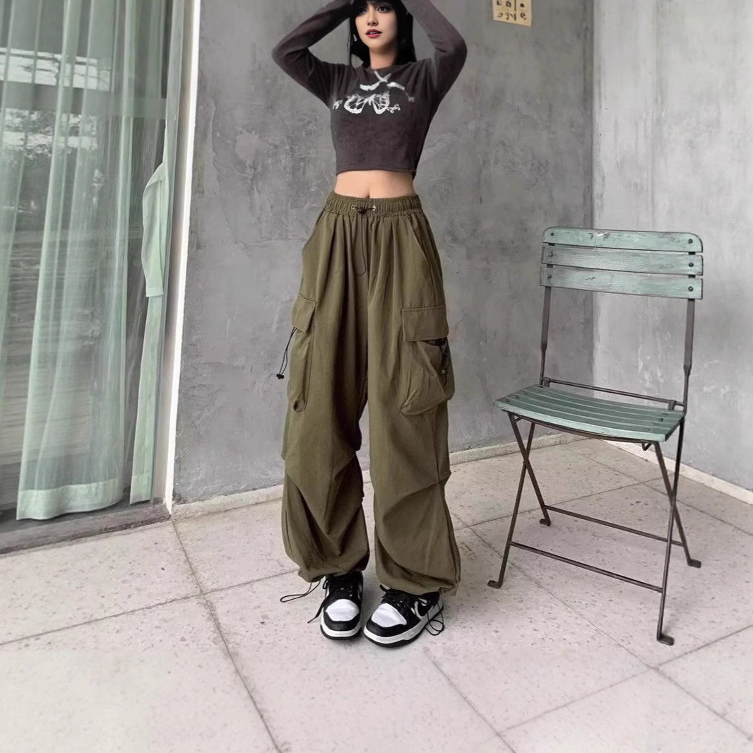 2026 New Quick-Drying Cargo Pants for Women, Thin Style, Suitable for Petite Figures, Wide Leg, Summer, American Style Sports Pants