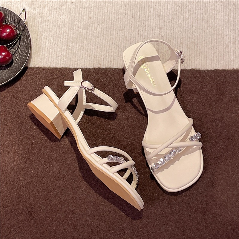 Fairy-like rhinestone open-toe sandals, 2026 summer new style, design with single buckle, chunky heel high heels.
