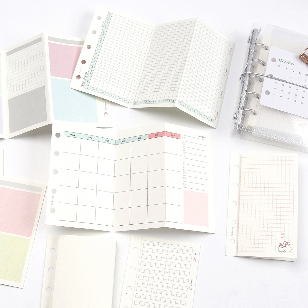 M5 A8 Notebook 5-hole Colored Loose-leaf Refill Collection, Grid Blank To-do List, Daily/Weekly/Monthly Notebook Inner Pages, 67mm