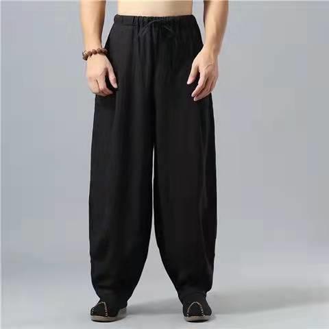 Men's cotton and linen sweatpants, summer loose fit, plus size, wide-leg, Chinese style, elastic waist, drawstring cuffs, exercise lantern pants