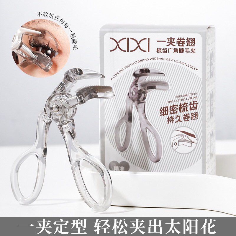 xixi's curling comb eyelash curler features wide-angle natural curling and long-lasting styling. It is a sunflower-shaped local eyelash curler