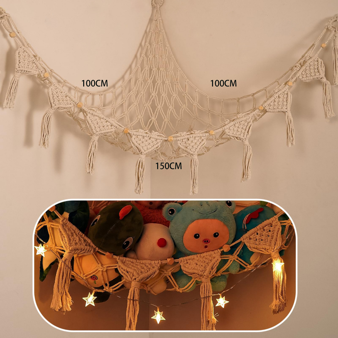 Corner mesh storage for handmade woven colorful triangular plush toys, cartoon doll decorations, and cotton rope.