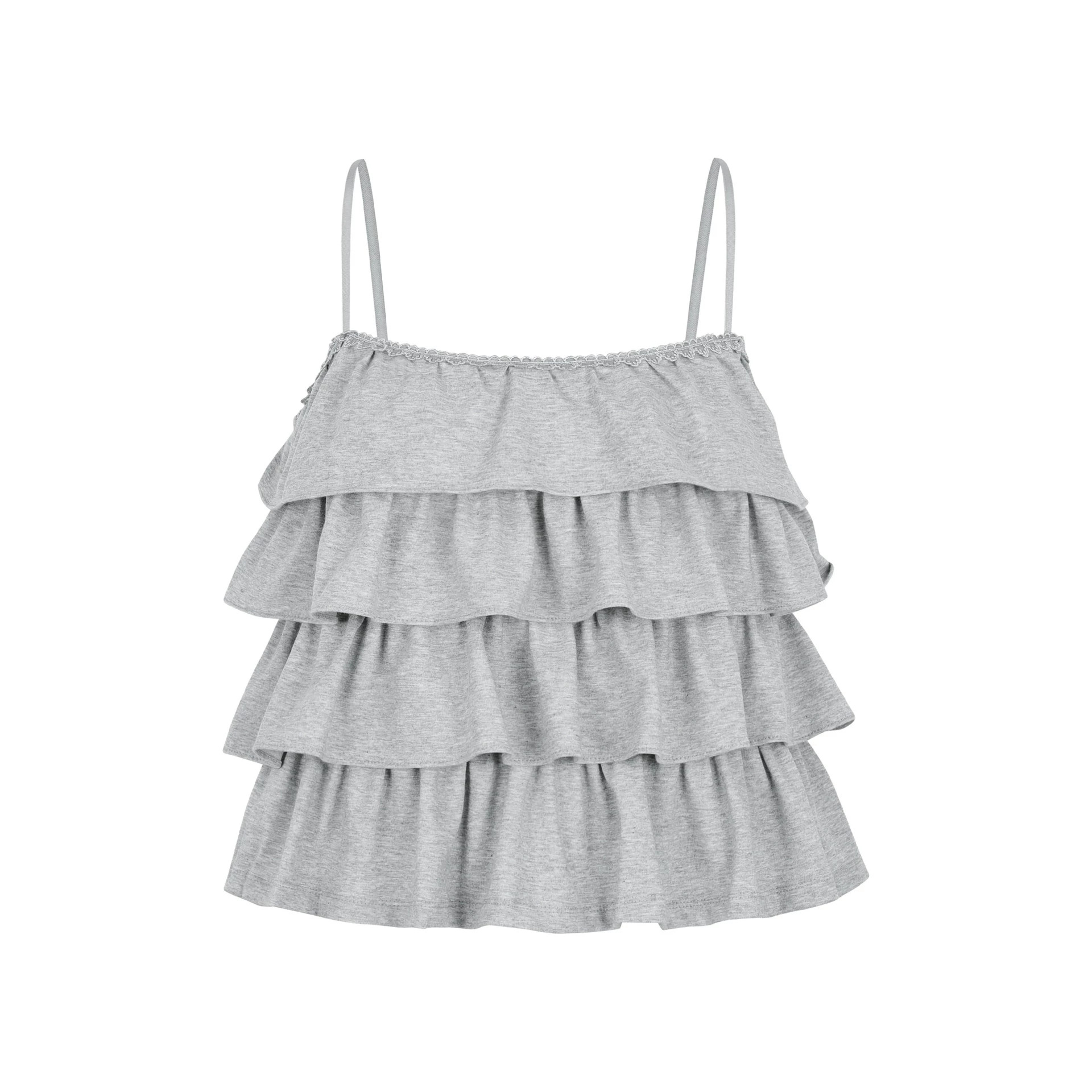 Korean sweet lace-trimmed cake-layer halter top, thin shoulder strap, multi-layer ruffled edge sweet girl short top for women