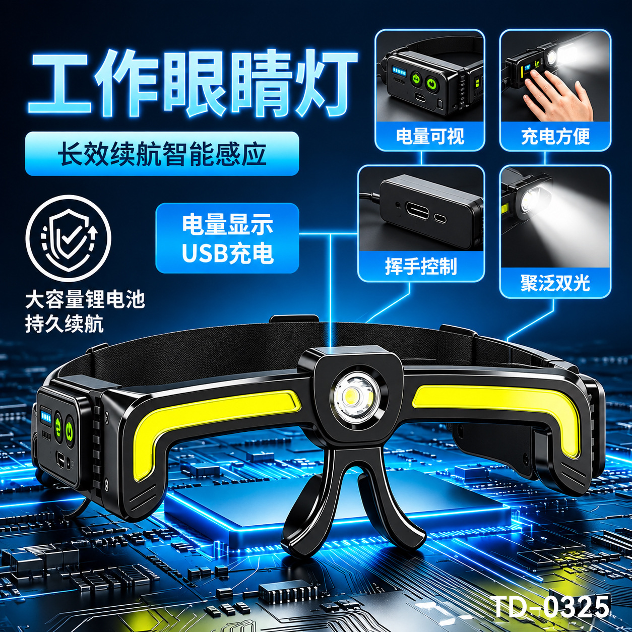 High-brightness and powerful eyeglass lamp, comfortable to wear, dual-light with battery level display, USB for auto repair and maintenance operations