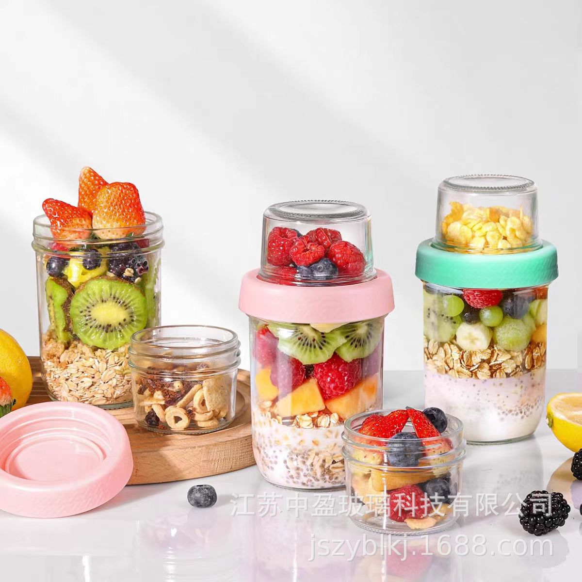 Cross-border glass yogurt cup, portable breakfast cup, dry-wet separated sealed oat cup, overnight cup with lid, salad layering