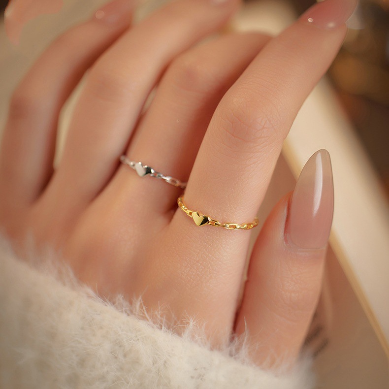 Sweet and simple geometric chain heart-shaped ring for women, ins style, interlocking heart-shaped plain band, open ring wholesale.