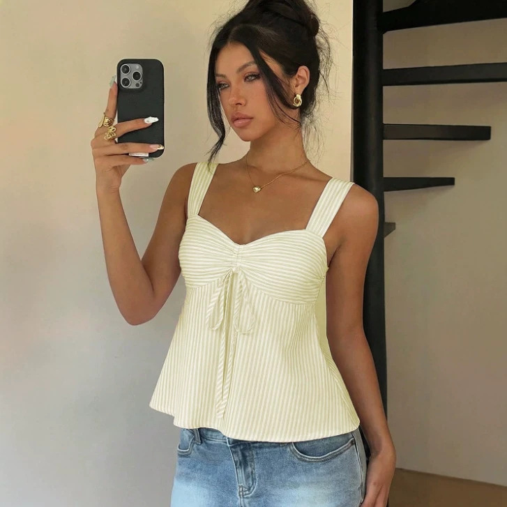 2026 New French-style Square Neck Striped Drawstring Bow Camisole for European and American Cross-border Amazon Independent Websites