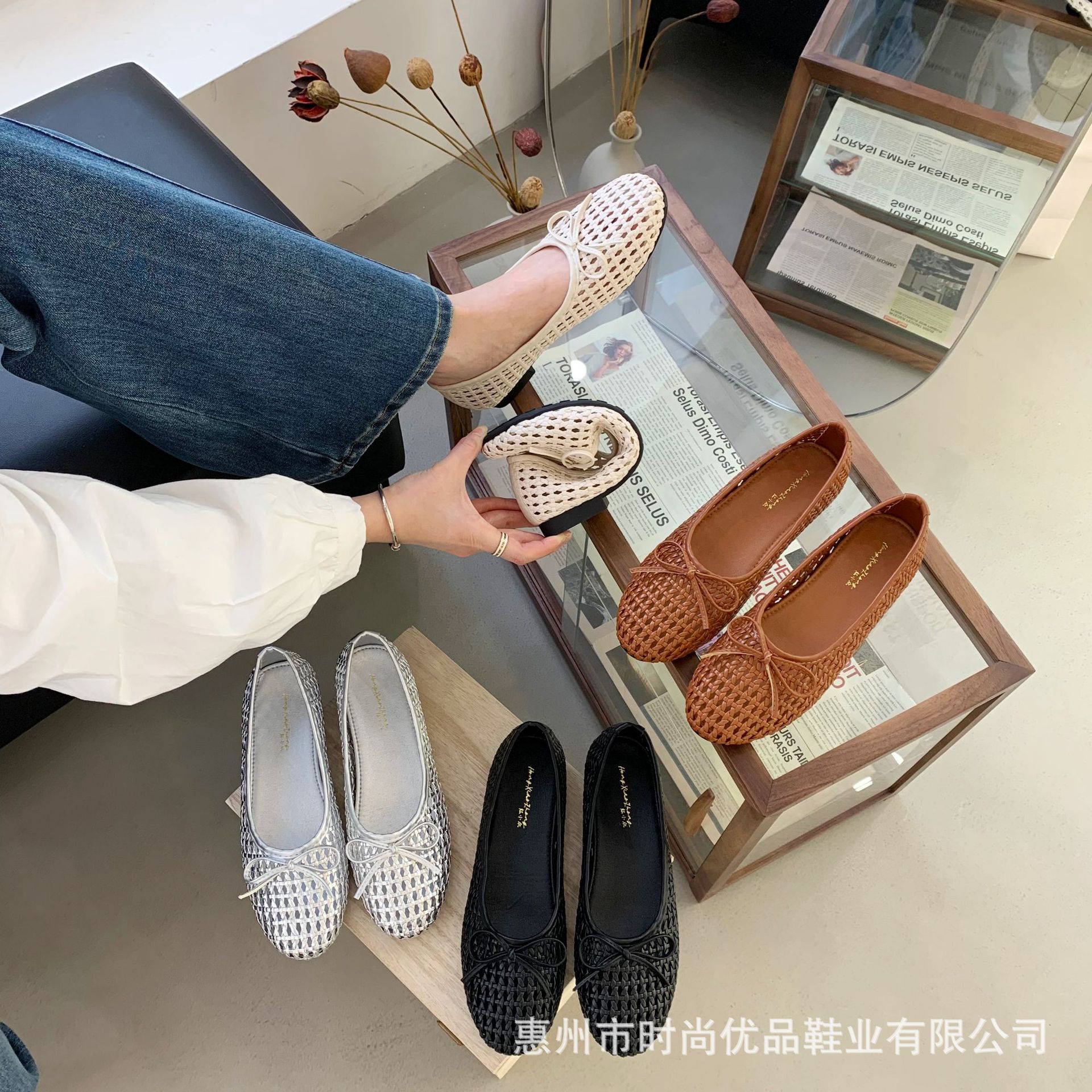 Bow-knot round toe 2026 Spring/Summer new style shallow mouth mesh soft sole breathable hollow single shoe flat Mary Jane shoes
