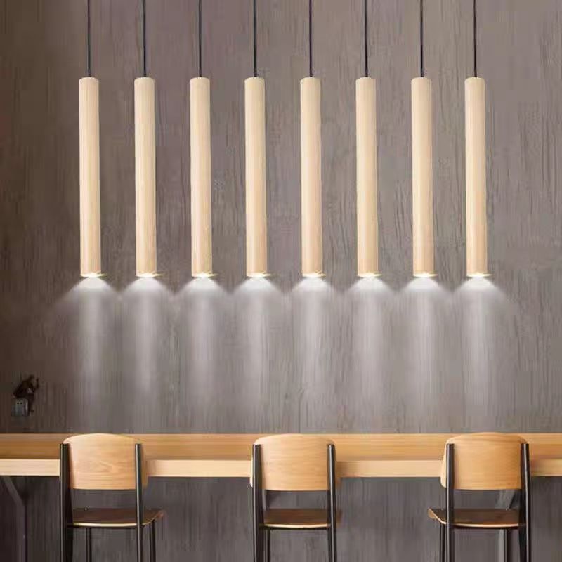 Minimalist solid wood cylindrical chandelier, Nordic and Japanese original wood grain long tube lamp, homestay restaurant bar counter bedside corridor chandelier