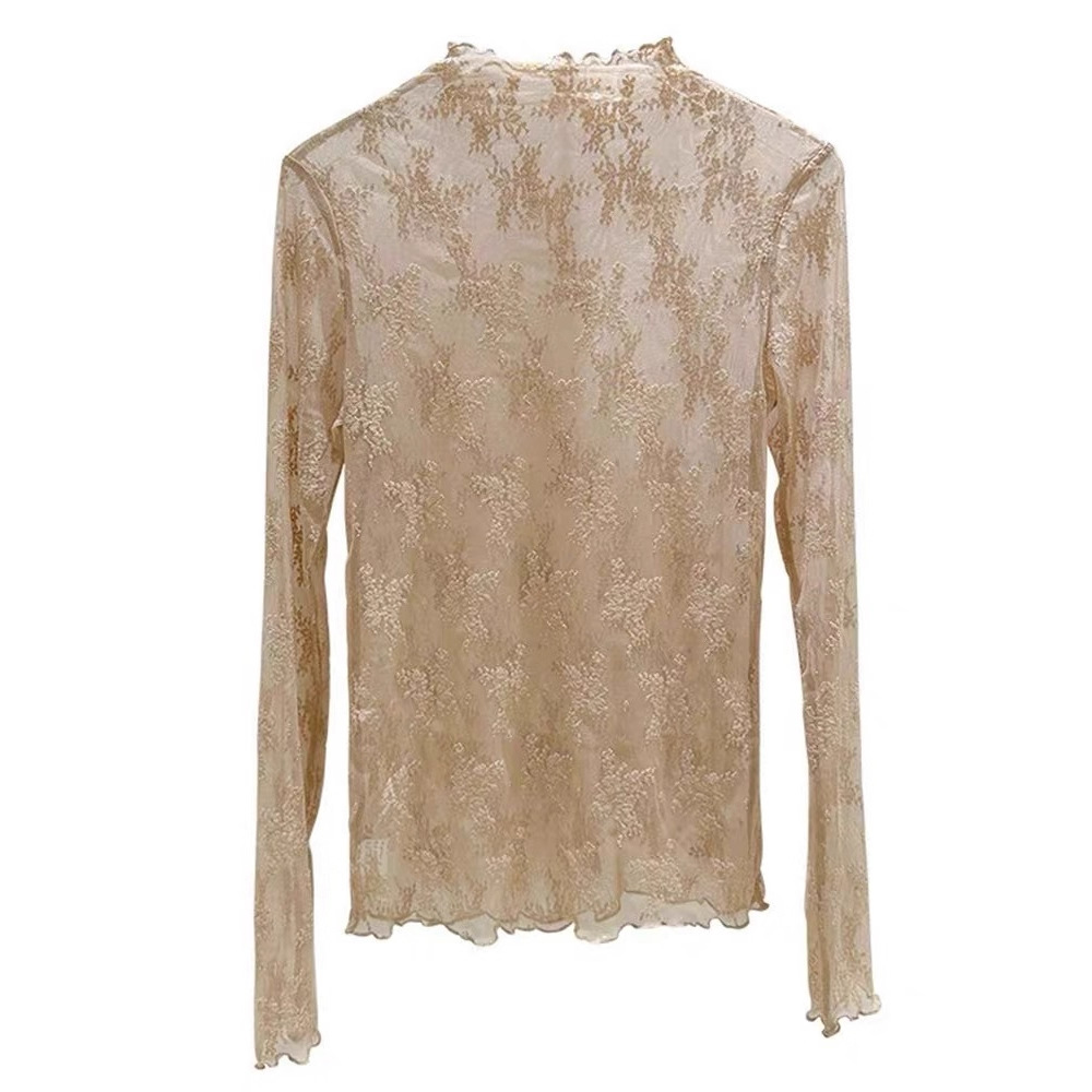 The semi-high-neck lace base layer shirt is a must-have for women in 2026. It's a high-end long-sleeved top with black ear-trimmed mesh fabric for autumn