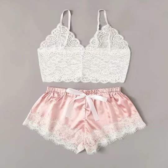 European and American cross-border sex underwear net lace trim two-piece halter pajama set seductive and sexy home wear