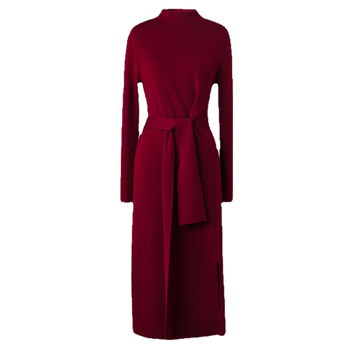 A semi-high-neck knitted dress for women in autumn and winter, a mid-length, lace-up, elegant, waist-cinching, slit red base dress