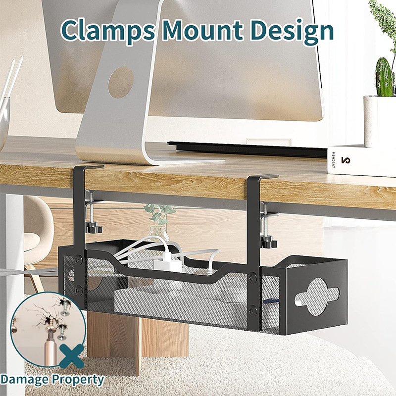 Amazon under-desk cable management tray, no-drill cable tray, iron storage basket with clamps for home and office use.