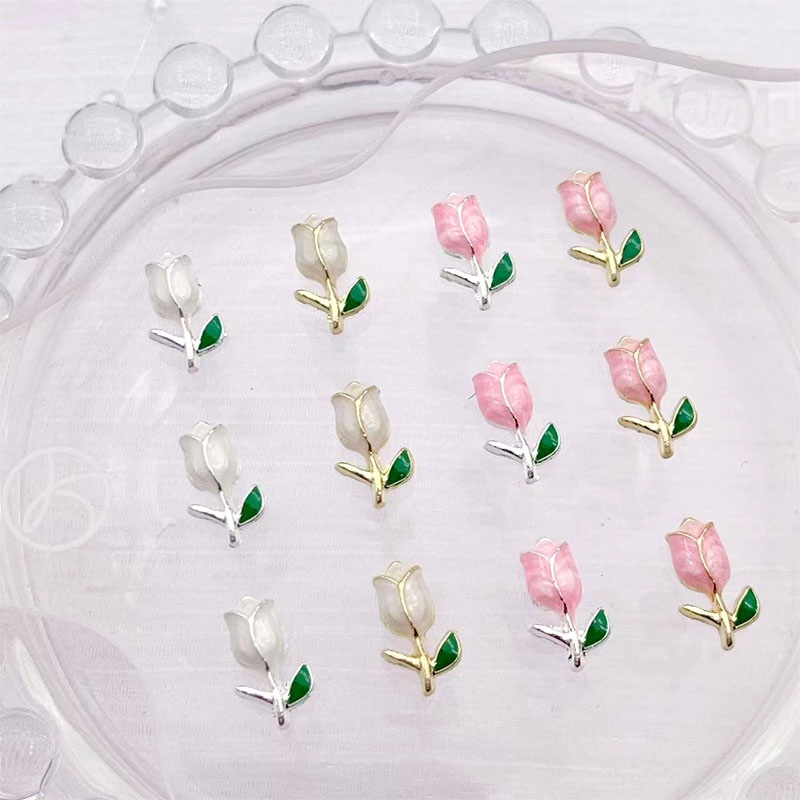 Trending nail art tulip decorations, alloy texture, light luxury style, dripping rose, popular nail rhinestone flower accessories