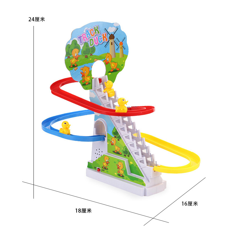 Electric yellow duck, automatic stair climbing, music track, slide, little yellow duck, children's toy, little duck track car