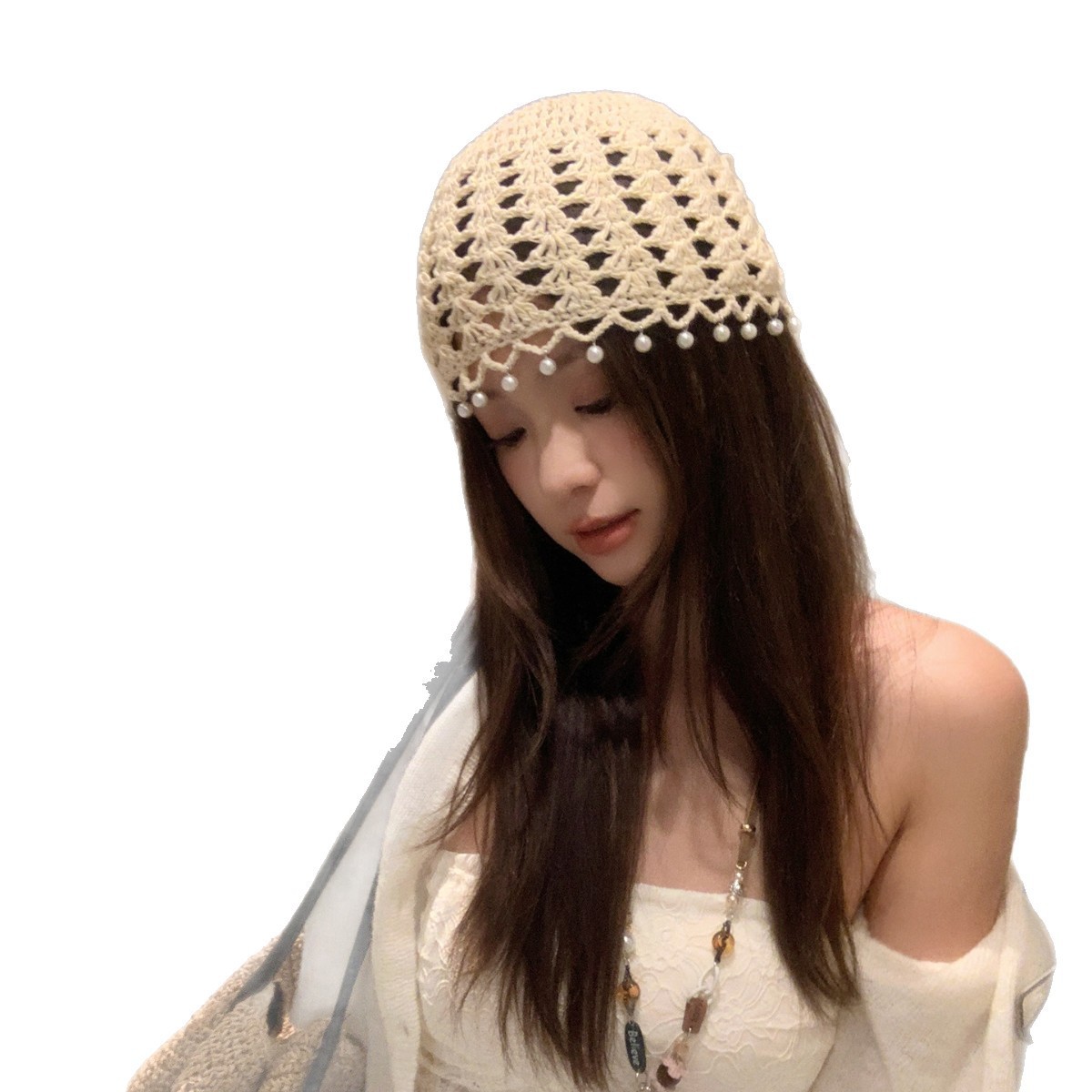 Handcrafted crocheted pearl pendant, hollowed-out pullover hat, retro ethnic style knitted headscarf, a perfect match for your face