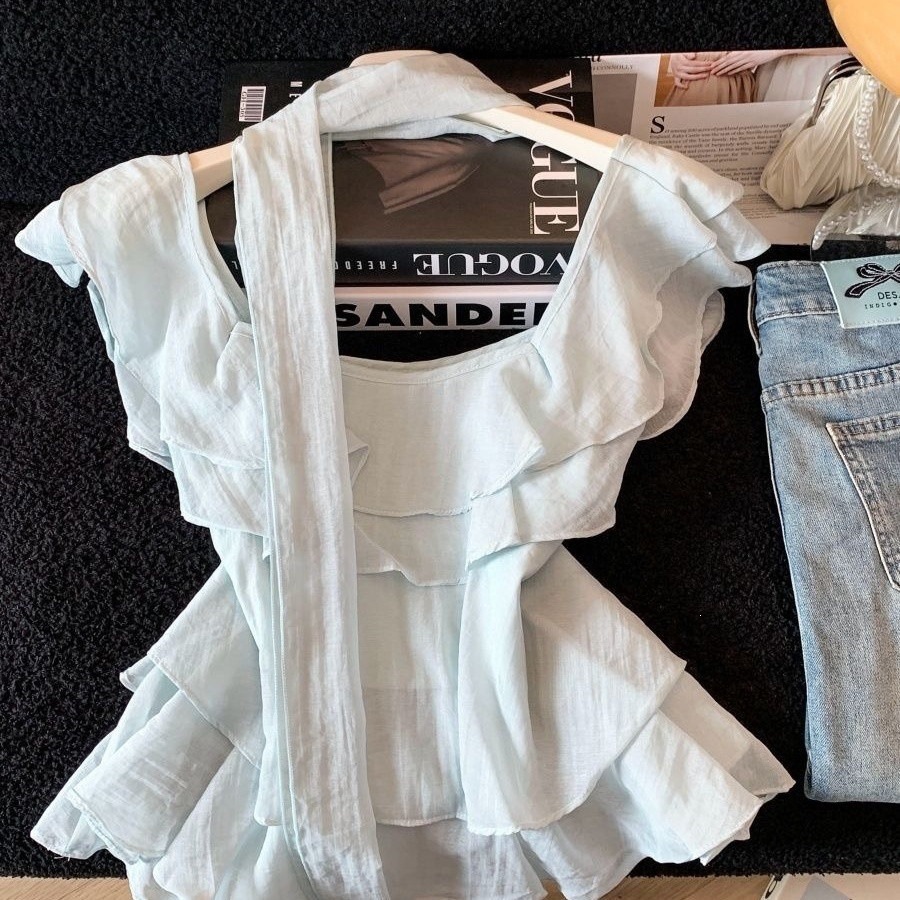 2026 simple solid color summer style, layer by layer ruffled irregular design sense, sweet lace shirt without sleeves