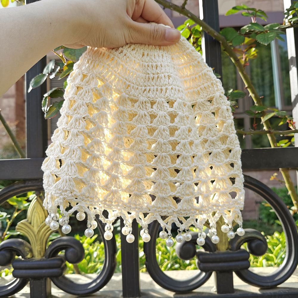Handmade crochet pearl pendant openwork hooded beanie, retro ethnic style knitted hoodie, face-slimming and versatile.